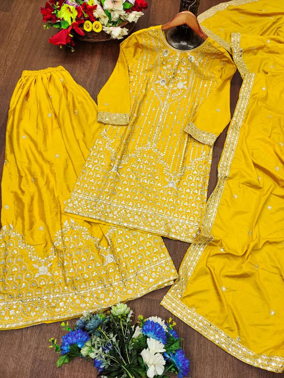 Sunshine Yellow Chinon Sharara Suit - Designer Sequin Embroidered Festive Wear