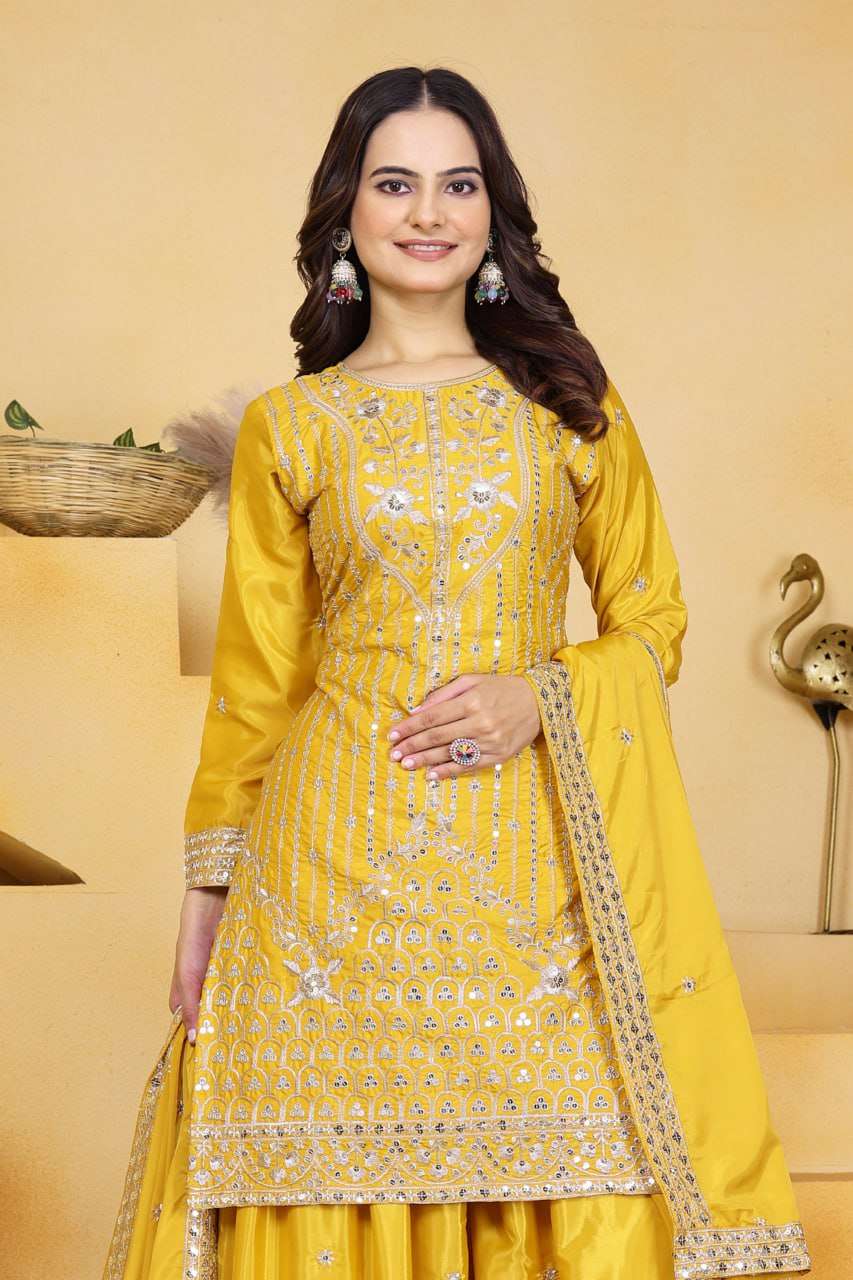 Sunshine Yellow Chinon Sharara Suit - Designer Sequin Embroidered Festive Wear