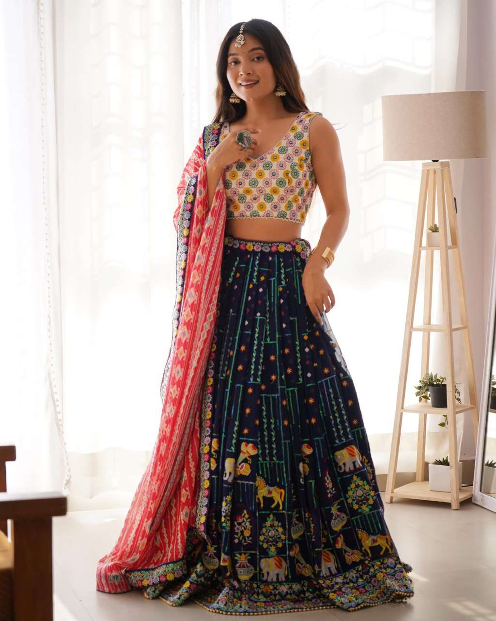 Royal Blue Lehenga with Colorful Thread Sequin &amp; Red Bandhej Dupatta