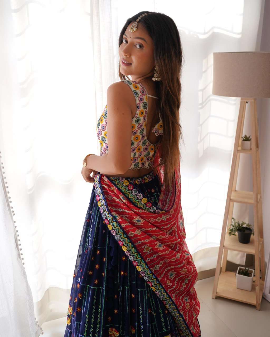 Royal Blue Lehenga with Colorful Thread Sequin &amp; Red Bandhej Dupatta