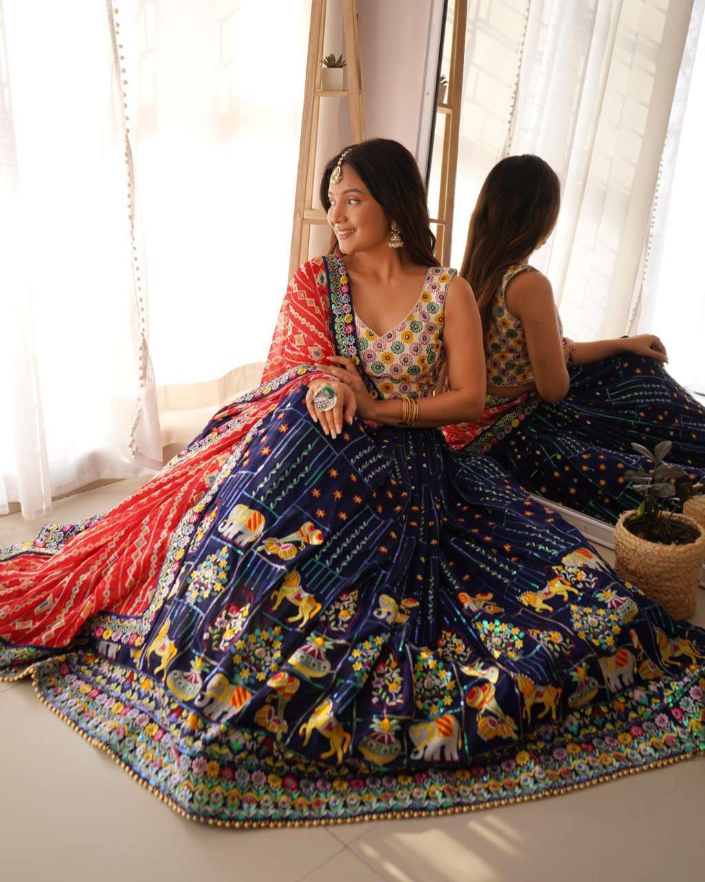 Royal Blue Lehenga with Colorful Thread Sequin &amp; Red Bandhej Dupatta
