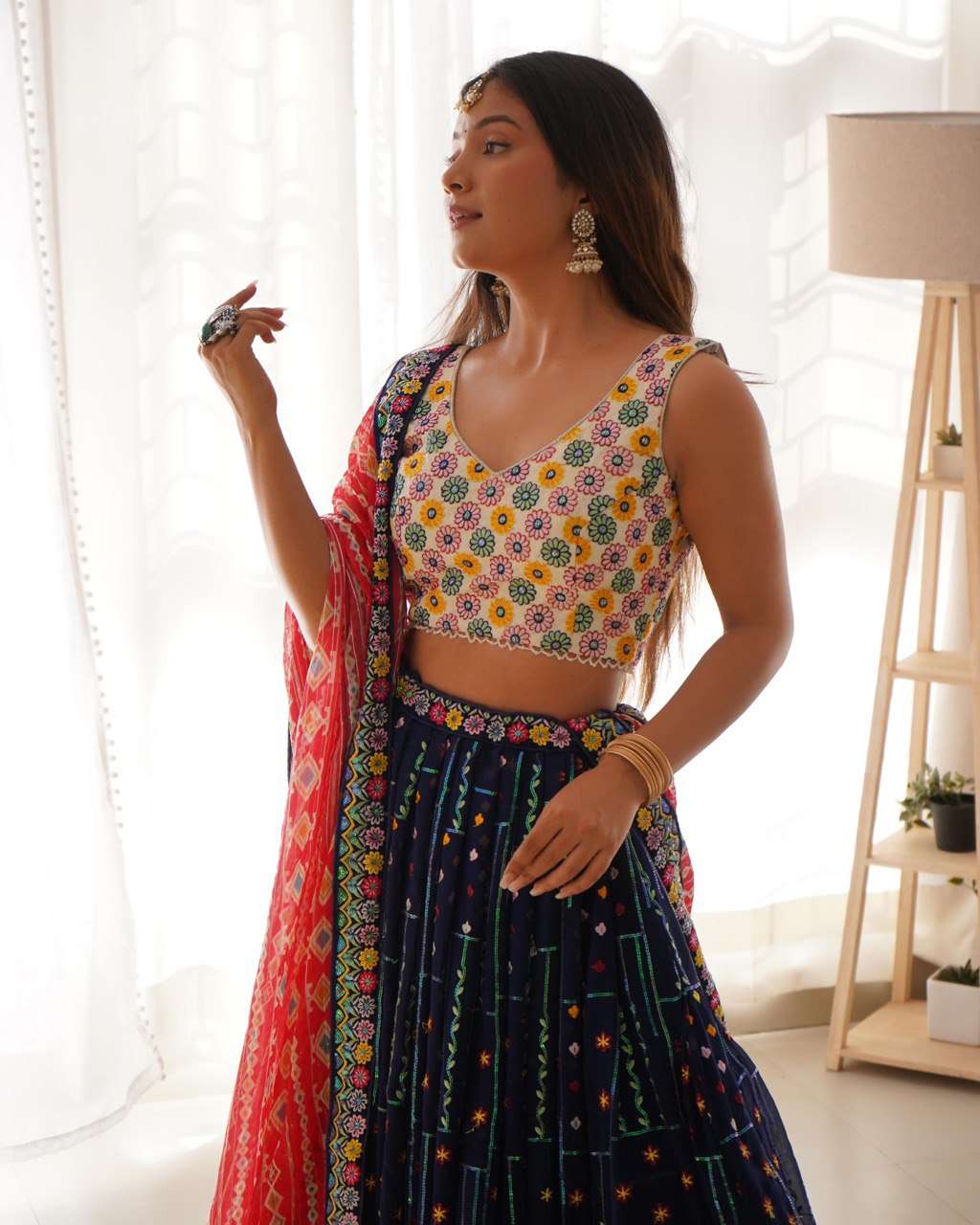 Royal Blue Lehenga with Colorful Thread Sequin &amp; Red Bandhej Dupatta