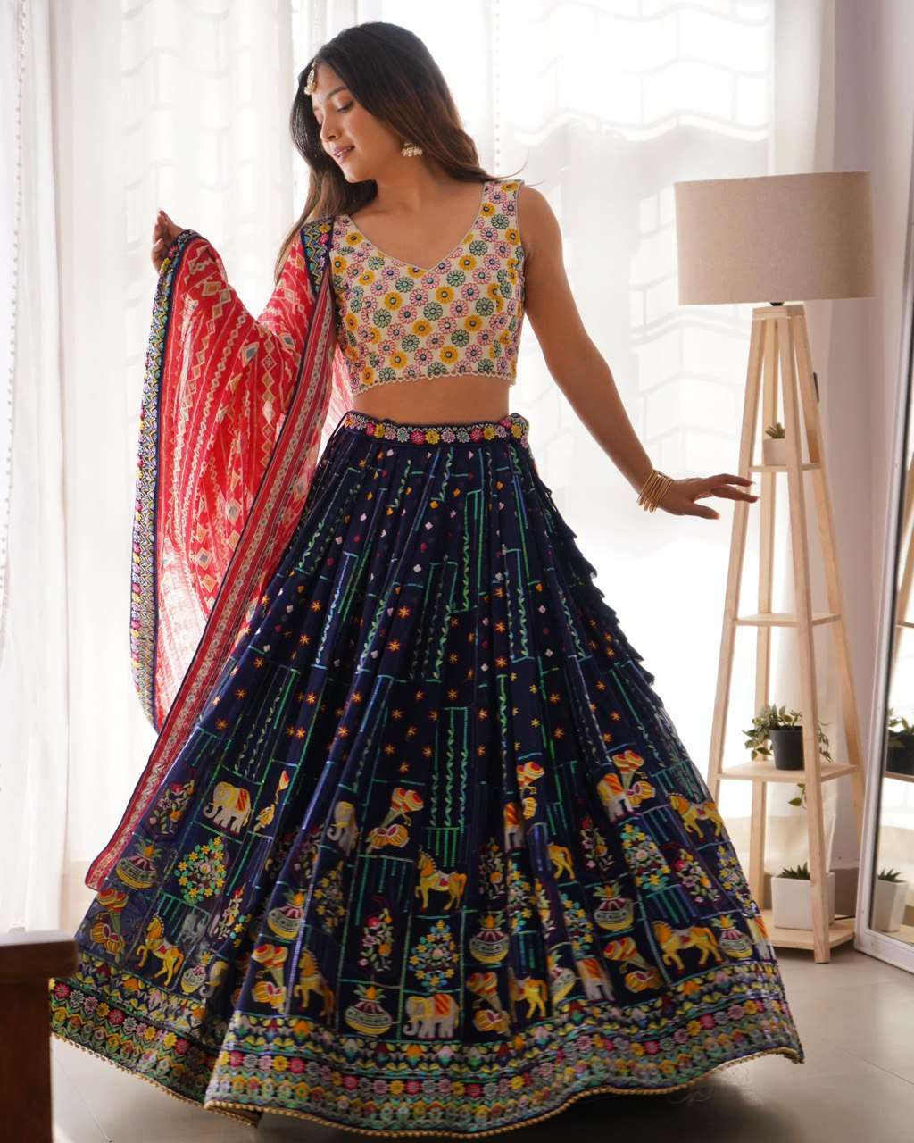Royal Blue Lehenga with Colorful Thread Sequin &amp; Red Bandhej Dupatta