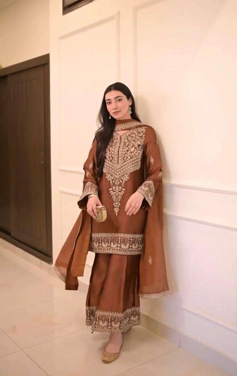 Rust Elegance Embroidered Palazzo Suit Set
