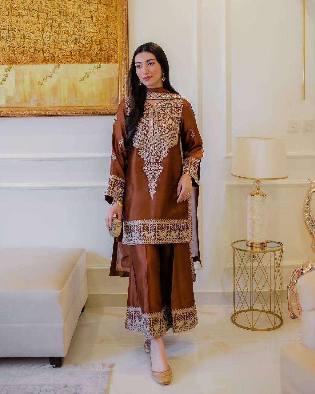 Rust Elegance Embroidered Palazzo Suit Set