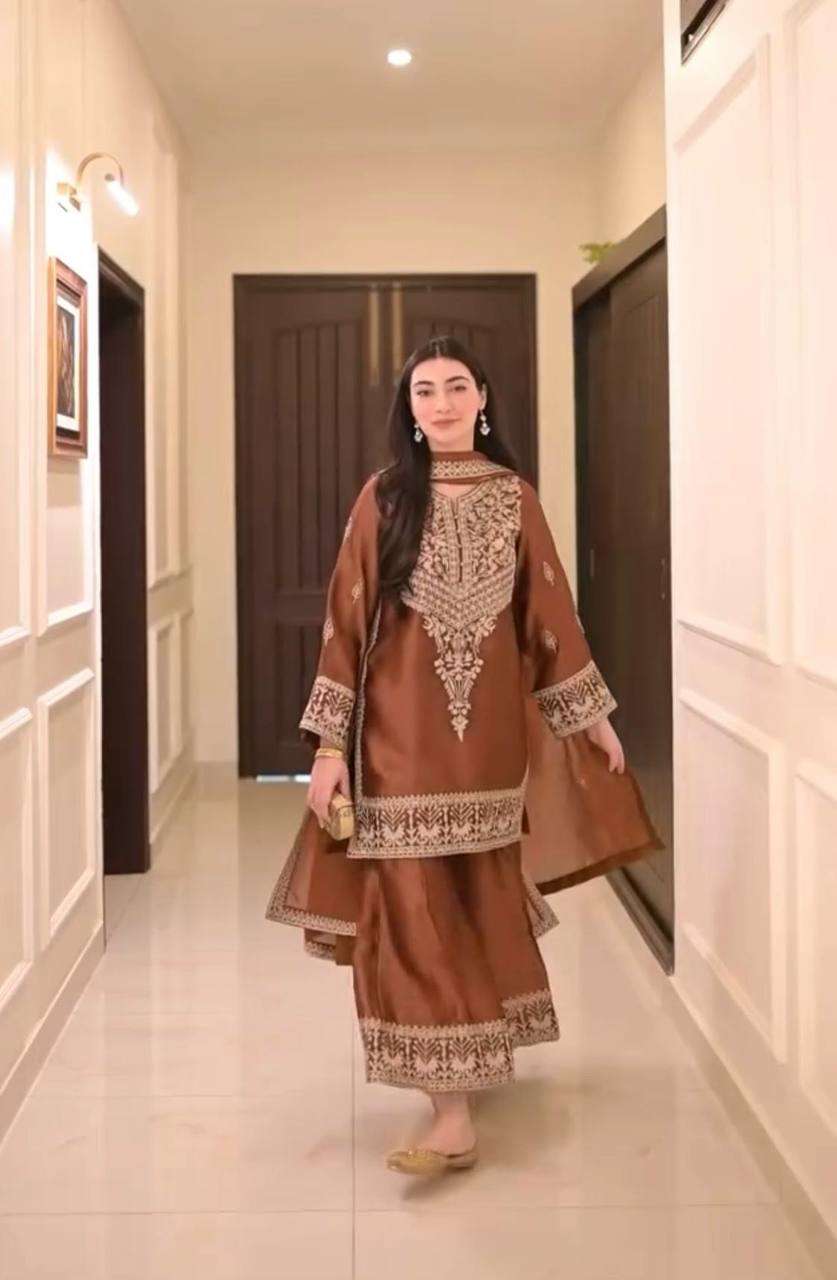 Rust Elegance Embroidered Palazzo Suit Set