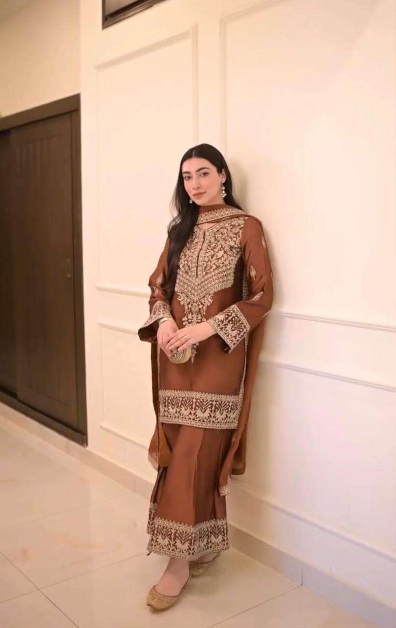 Rust Elegance Embroidered Palazzo Suit Set