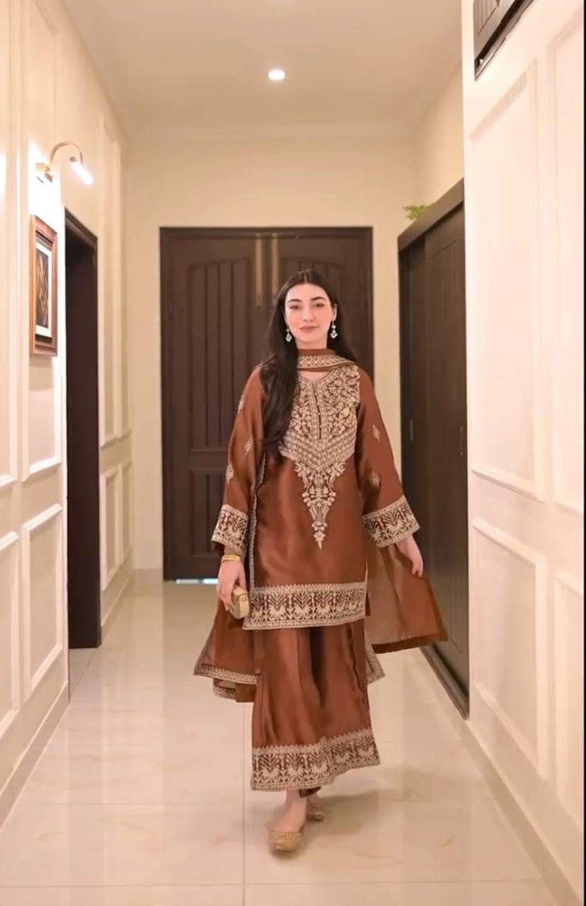 Rust Elegance Embroidered Palazzo Suit Set