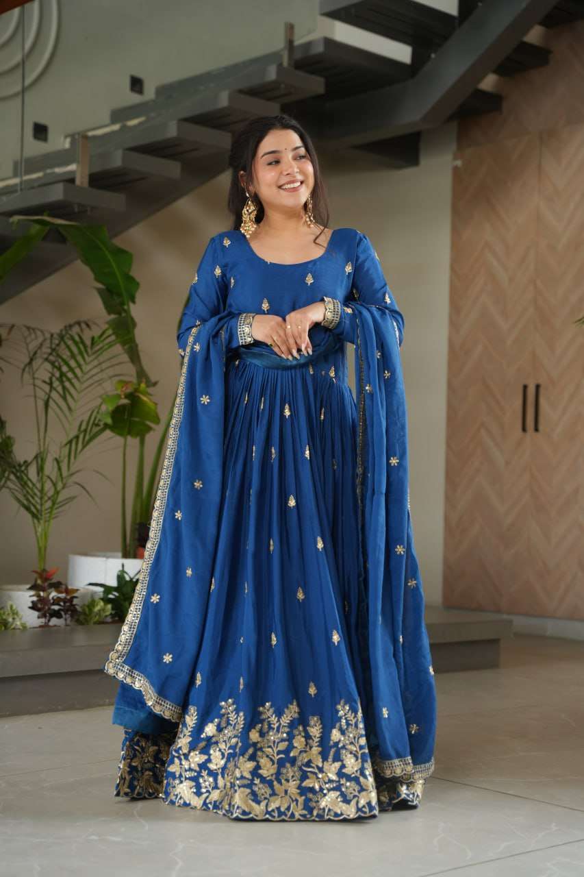 Elegant Blue Designer Gown with Sequins Dupatta