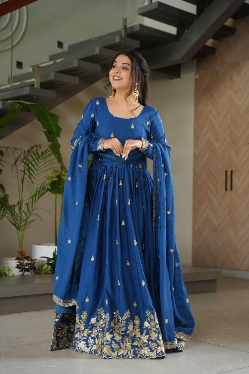 Elegant Blue Designer Gown with Sequins Dupatta