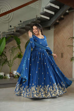 Elegant Blue Designer Gown with Sequins Dupatta