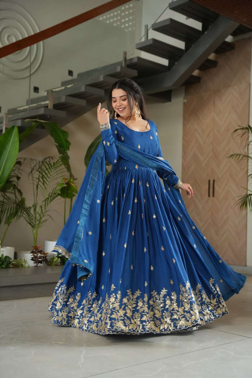 Elegant Blue Designer Gown with Sequins Dupatta