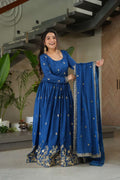 Elegant Blue Designer Gown with Sequins Dupatta