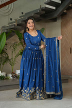 Elegant Blue Designer Gown with Sequins Dupatta