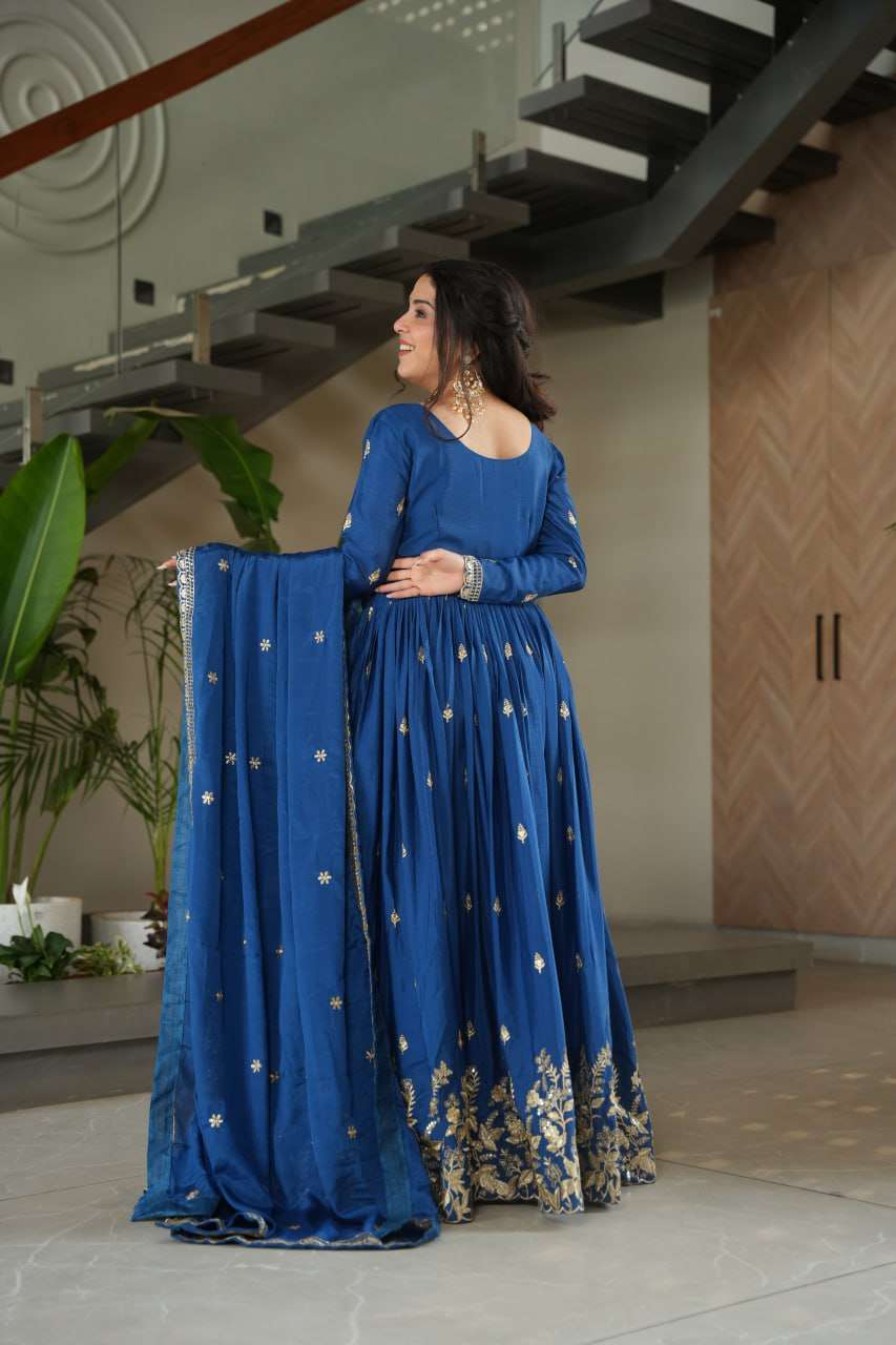 Elegant Blue Designer Gown with Sequins Dupatta