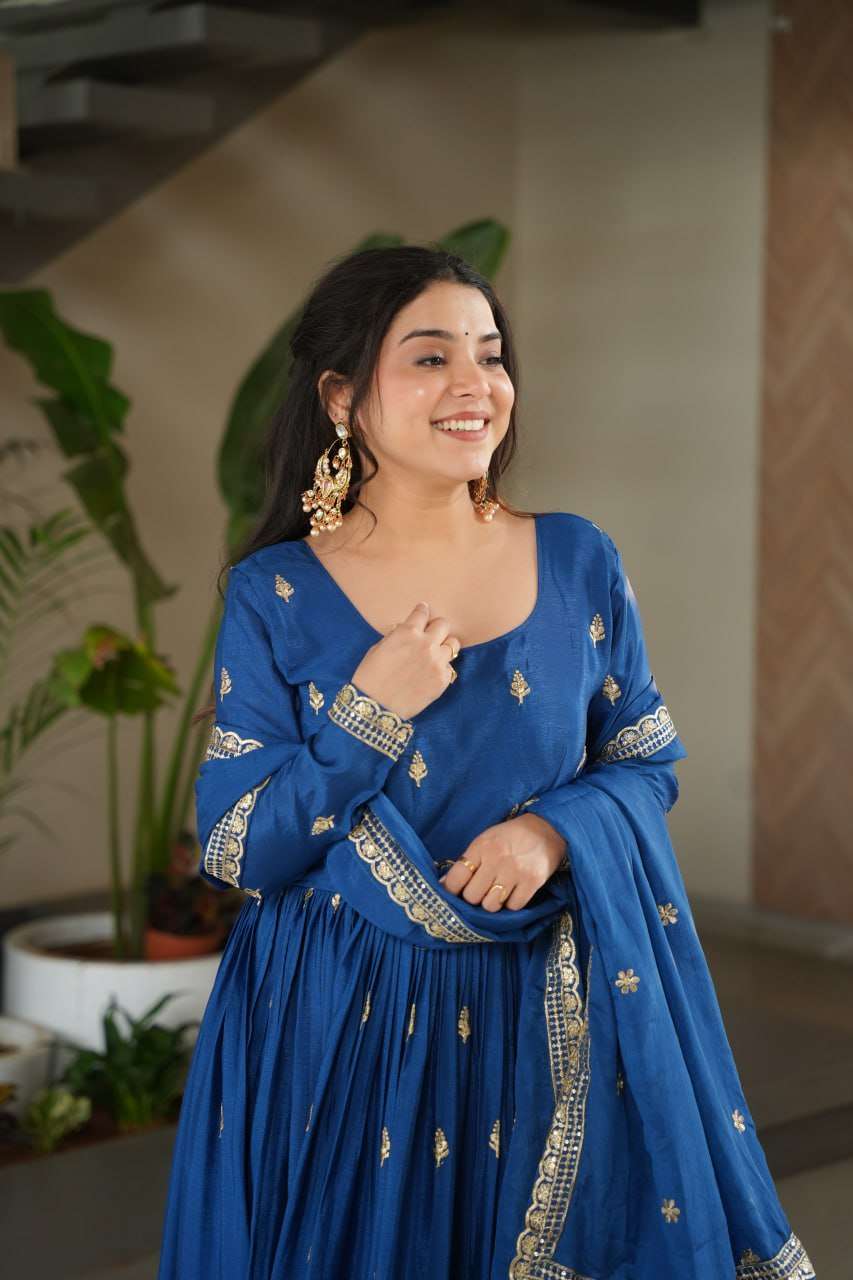 Elegant Blue Designer Gown with Sequins Dupatta
