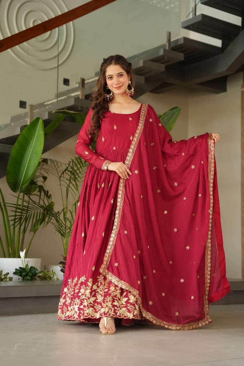 Elegant Maroon Designer Gown with Sequins Dupatta
