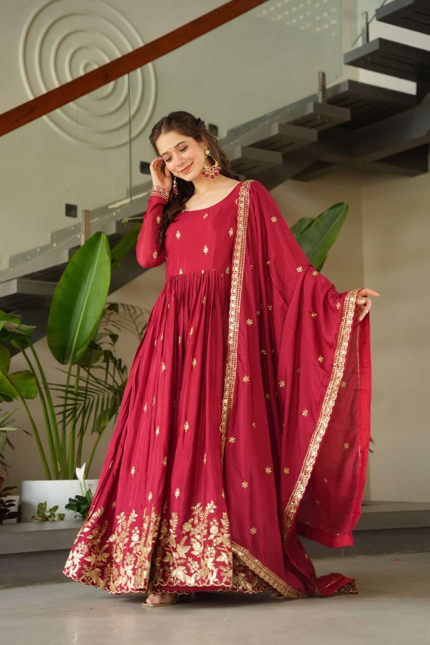 Elegant Maroon Designer Gown with Sequins Dupatta