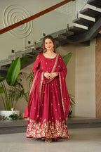 Elegant Maroon Designer Gown with Sequins Dupatta