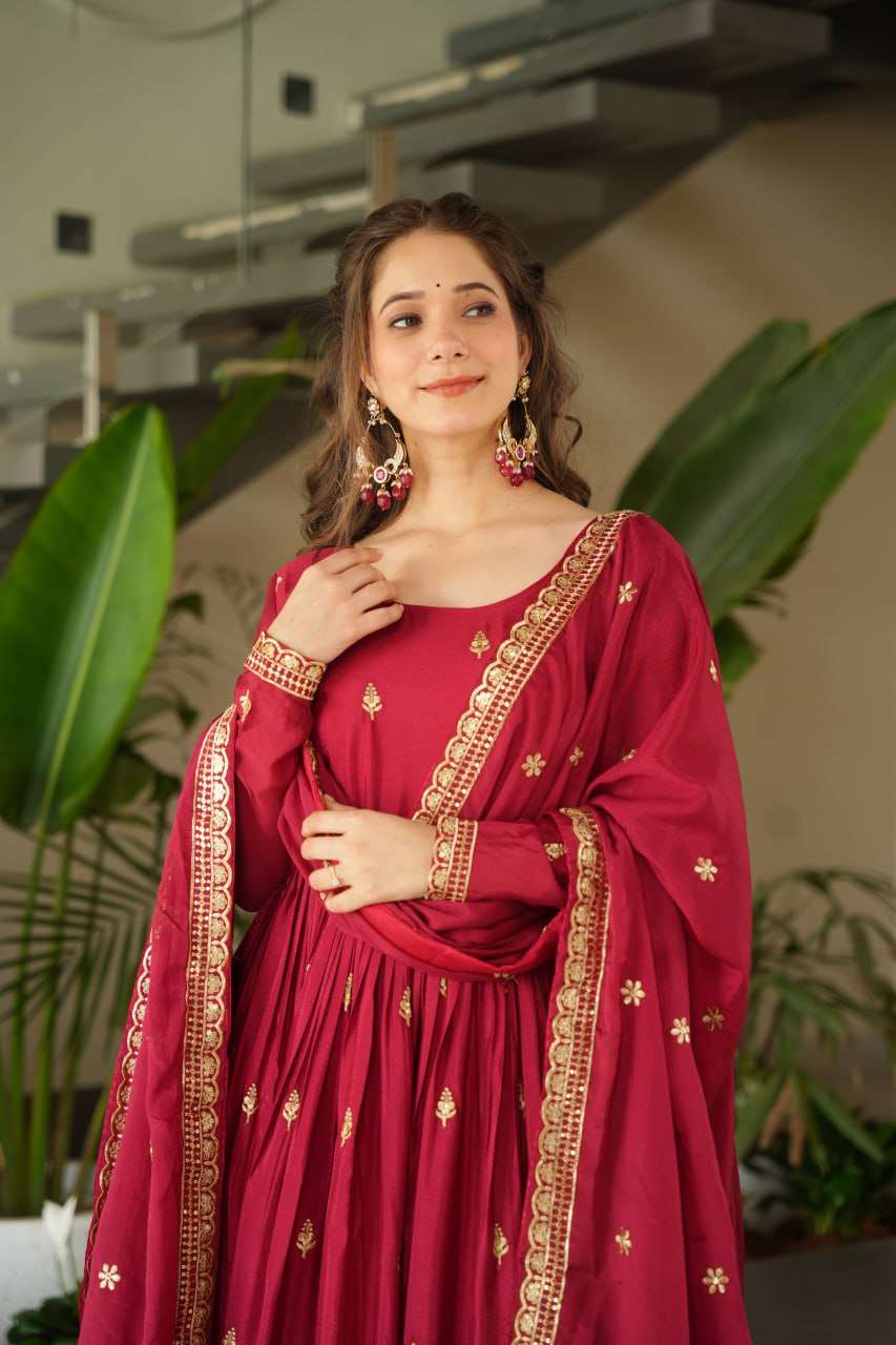 Elegant Maroon Designer Gown with Sequins Dupatta