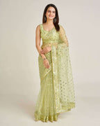 Olive Green Party Wear Net Saree with Sequin Work & Satin Inner