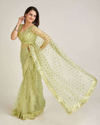 Olive Green Party Wear Net Saree with Sequin Work & Satin Inner