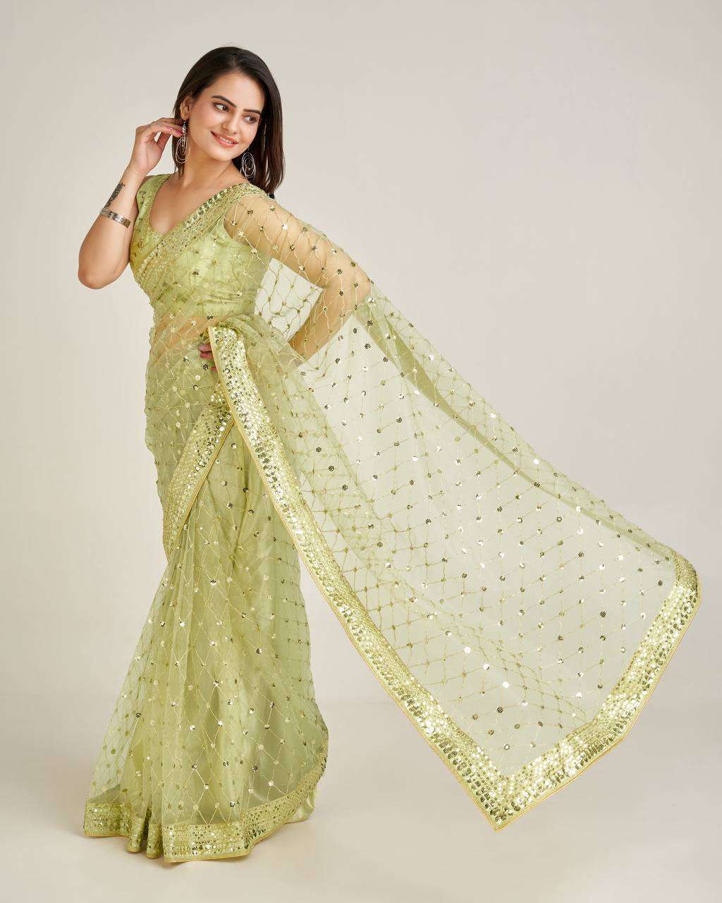 Olive Green Party Wear Net Saree with Sequin Work & Satin Inner