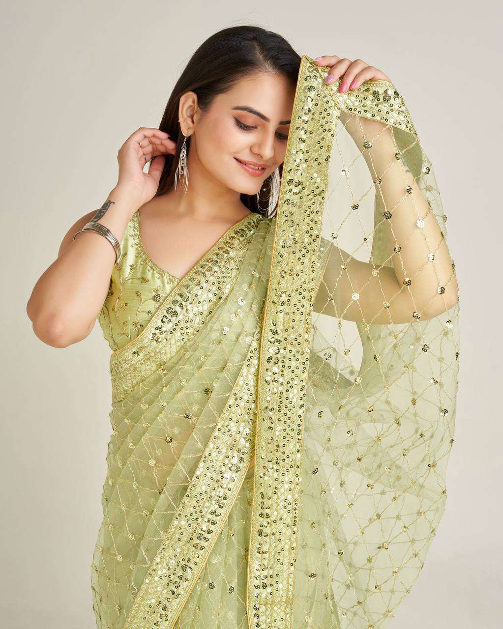 Olive Green Party Wear Net Saree with Sequin Work & Satin Inner