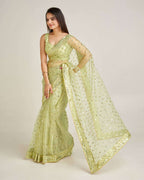Olive Green Party Wear Net Saree with Sequin Work & Satin Inner