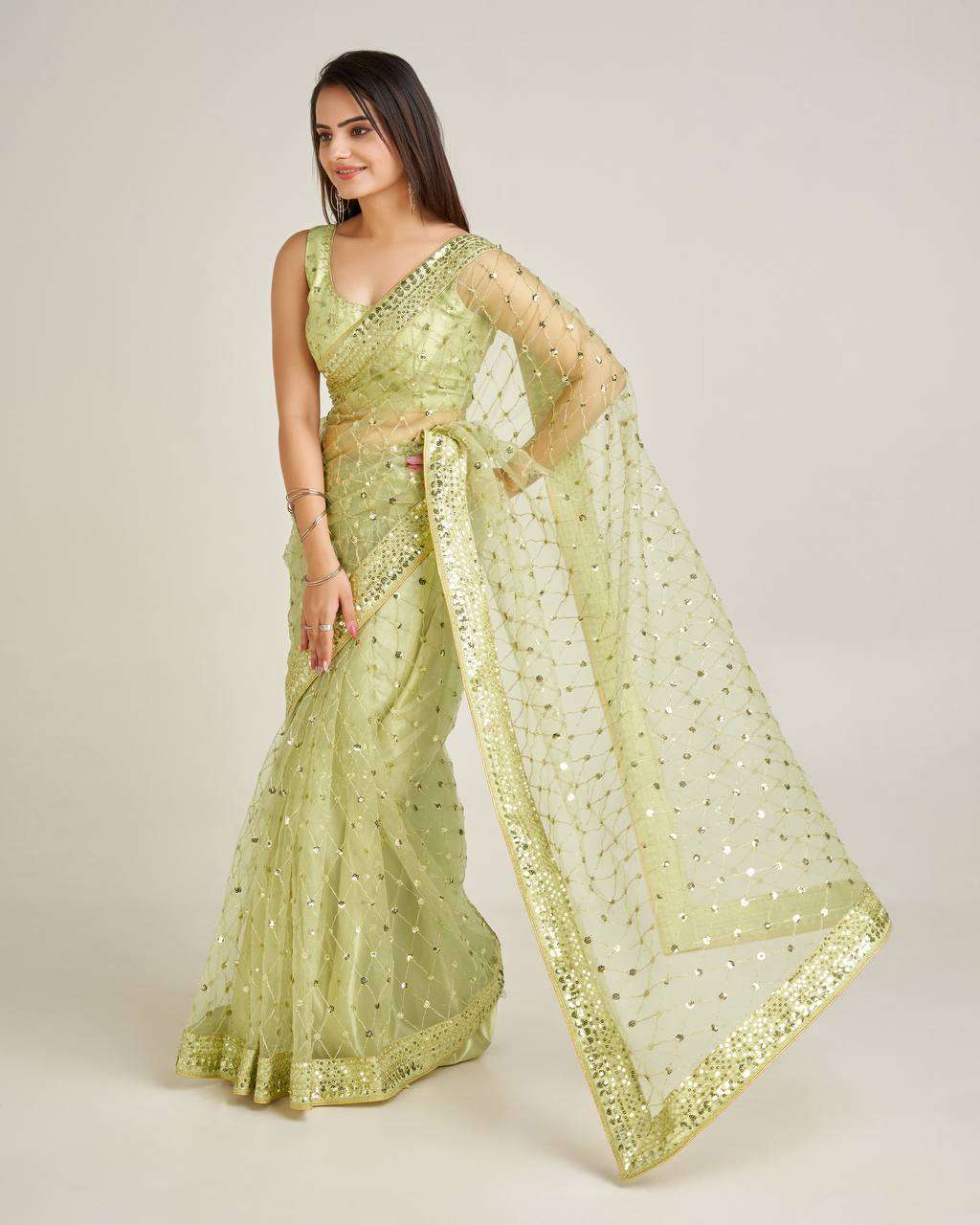 Olive Green Party Wear Net Saree with Sequin Work & Satin Inner