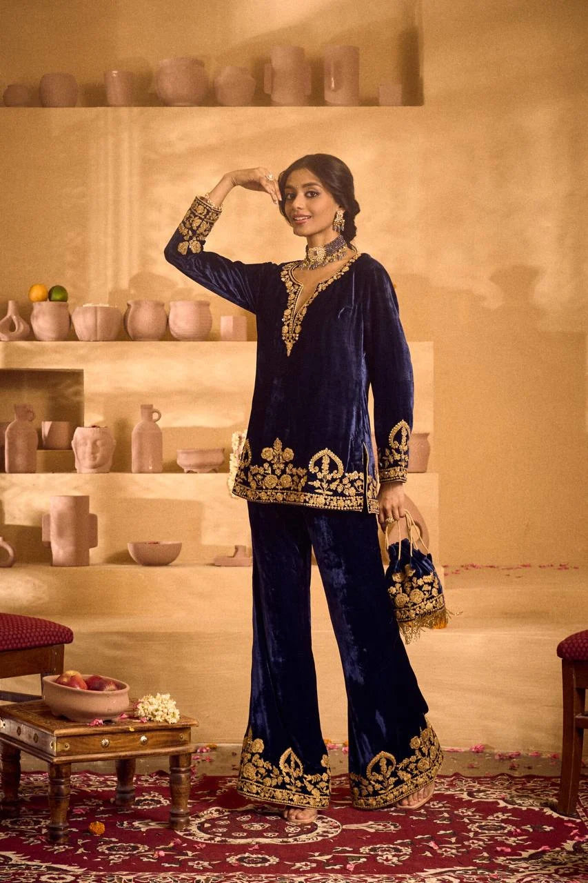 Pure Velvet Embroidered Top & Palazzo Set with Matching Potli