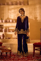 Pure Velvet Embroidered Top & Palazzo Set with Matching Potli