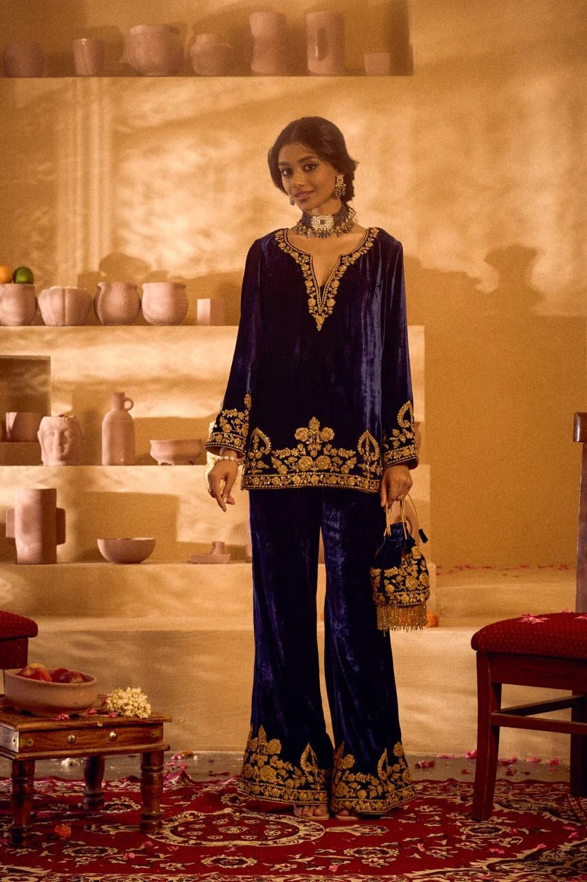Pure Velvet Embroidered Top & Palazzo Set with Matching Potli