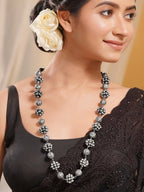 Women Brass Oxidised Beaded Statement Long Necklace