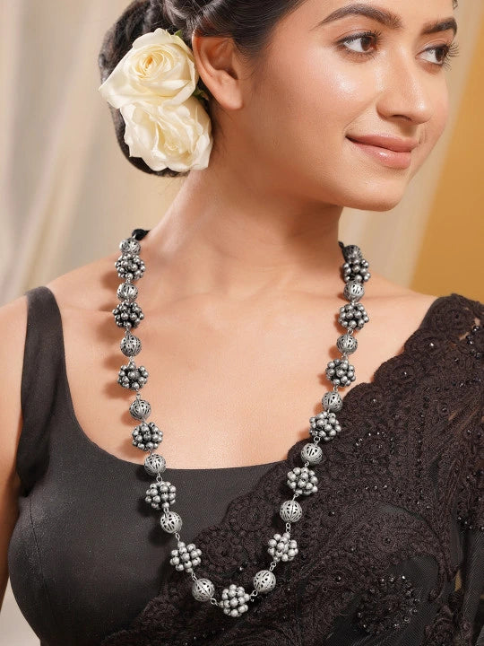 Women Brass Oxidised Beaded Statement Long Necklace
