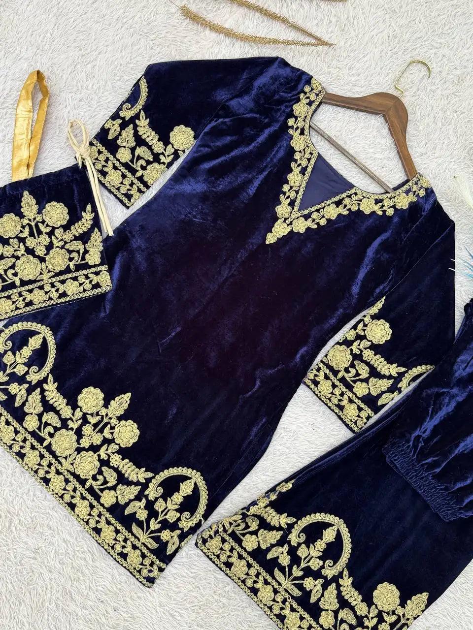 Pure Velvet Embroidered Top & Palazzo Set with Matching Potli