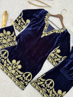 Pure Velvet Embroidered Top & Palazzo Set with Matching Potli