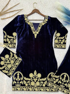 Pure Velvet Embroidered Top & Palazzo Set with Matching Potli