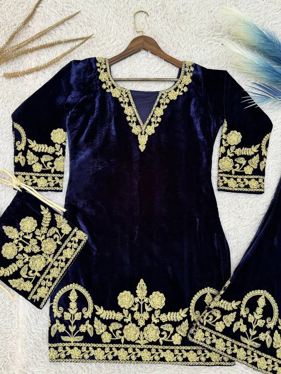 Pure Velvet Embroidered Top & Palazzo Set with Matching Potli