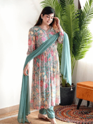 Perfect Pair :Blue Alia Cut Kurti Pant And Dupatta