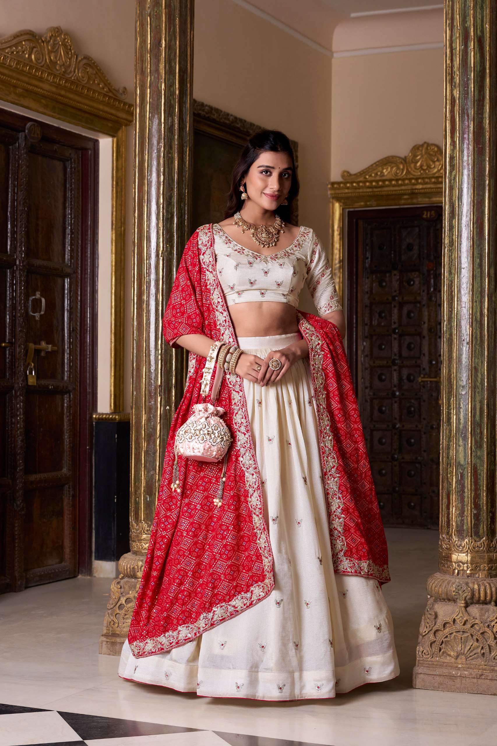 Ivory Embroidered Lehenga with Red Bandhej Dupatta