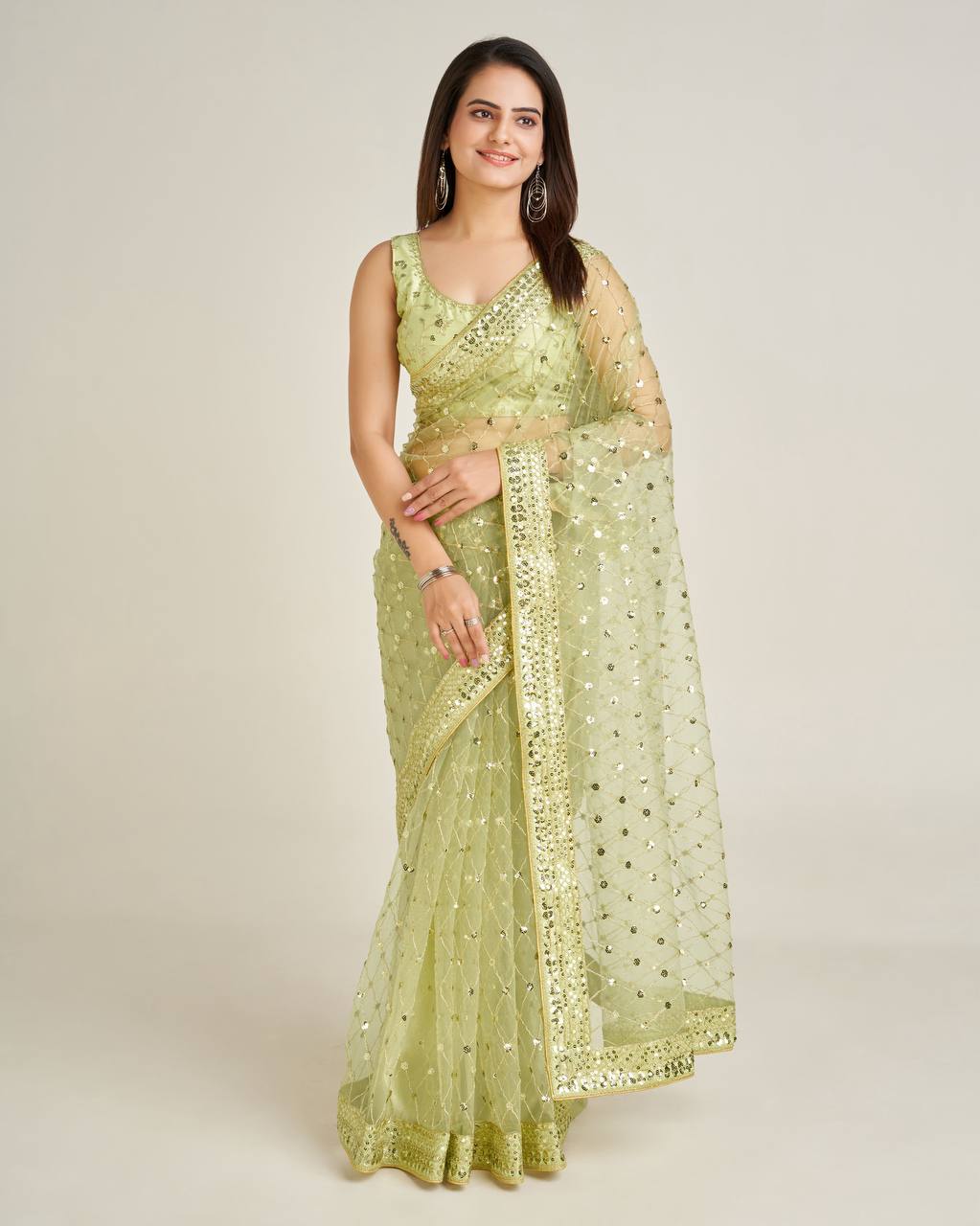 Olive Green Party Wear Net Saree with Sequin Work & Satin Inner