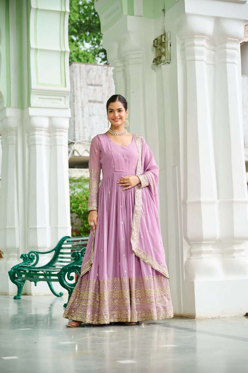 Graceful Lavender Party Wear Gown with Embroidery & Sequin Dupatta