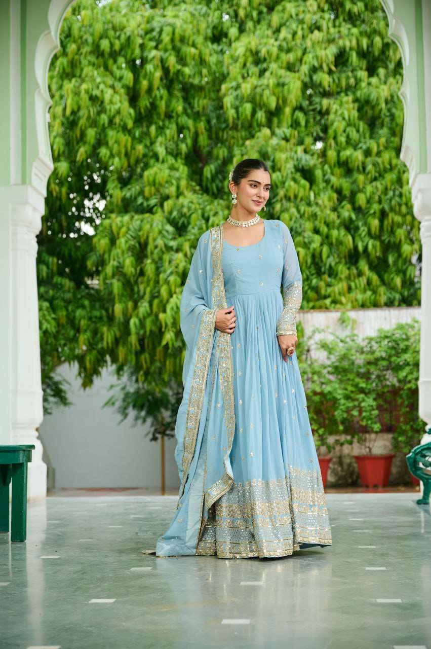 Ready-to-Wear Sky Blue Designer Gown with Embroidered Dupatta