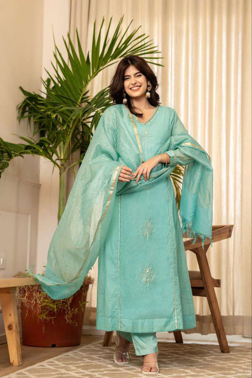 Turquoise Mul Chanderi Priya Suit Set – Diwali & Wedding Special