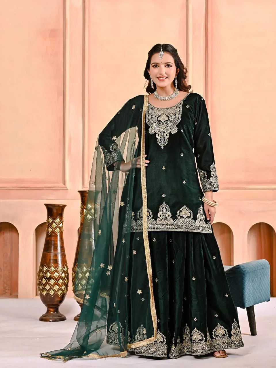 Fully Stitched Velvet Sharara Suit with Heavy Work & Fancy Lace Dupatta