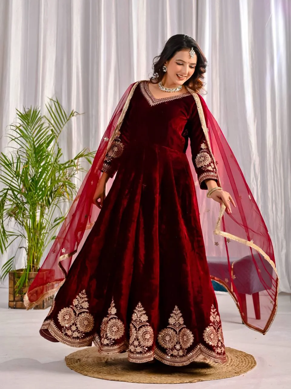 Luxury Velvet Anarkali Set with Heavy Sequence Embroidery & Net Dupatta