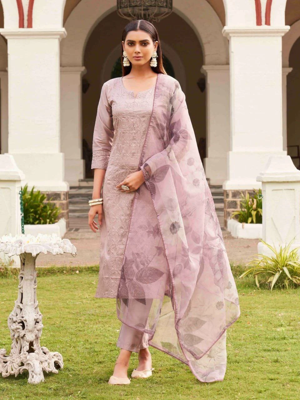 Premium Roman Fabric Suit Set with Embroidery Work & Organza Dupatta