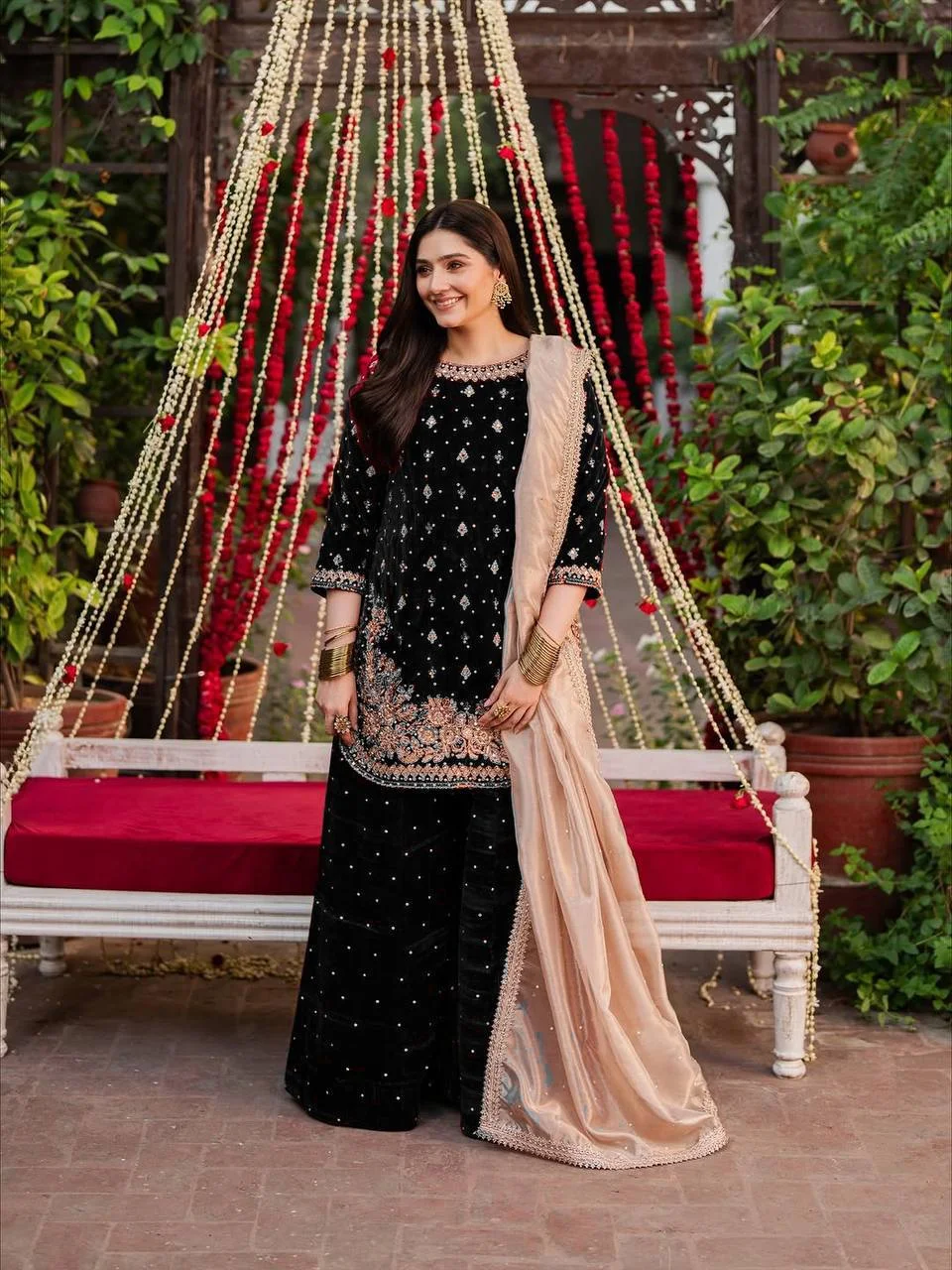 Velvet Embroidered Suit With French Crepe Dupatta