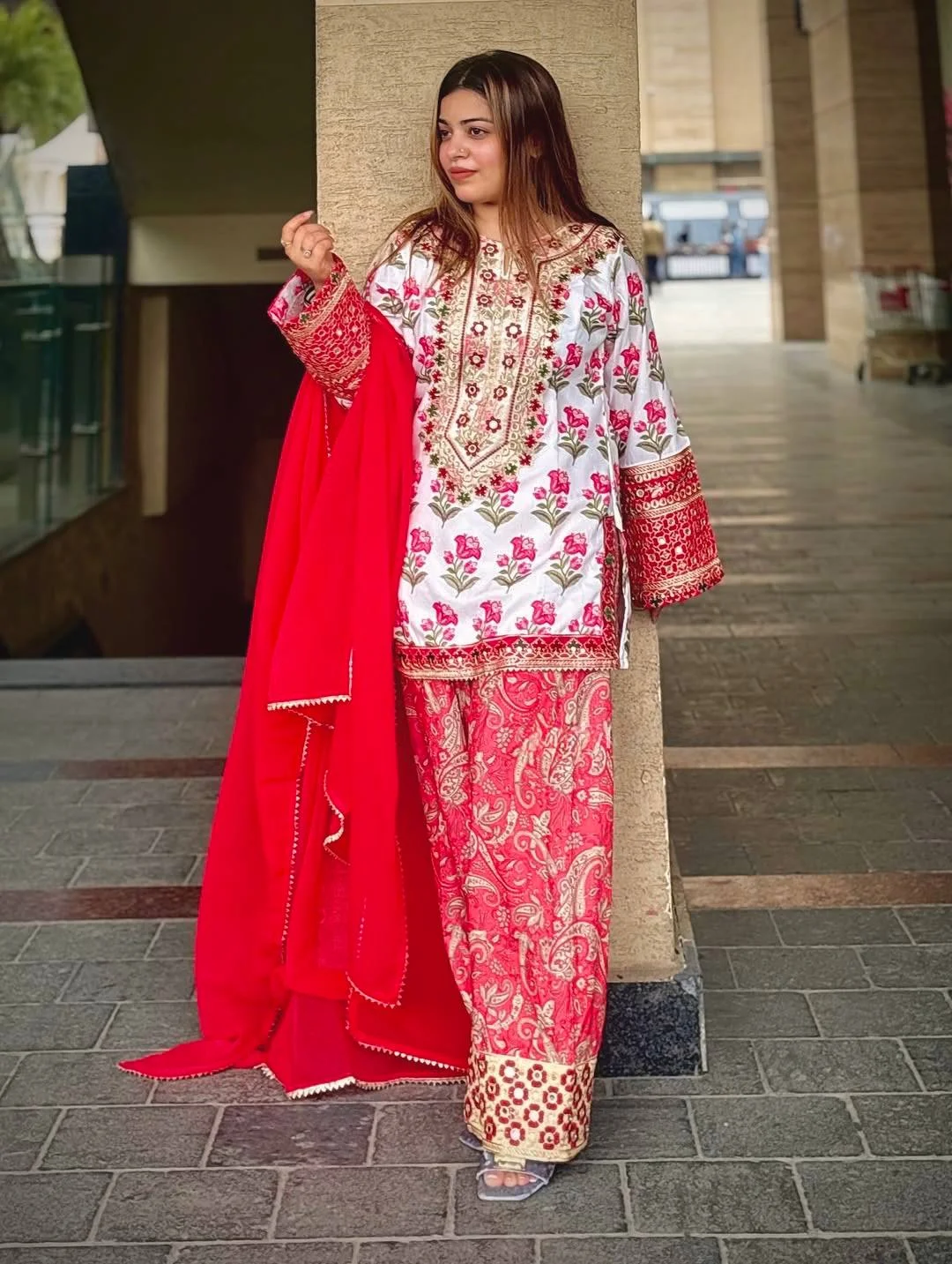 Pure Natural Crepe Digital Print Suit with Embroidery & Mirror Work